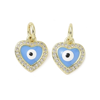Real 18K Gold Plated Brass Micro Pave Cubic Zirconia Pendants, with Enamel and Jump Ring, Heart with Evil Eye Charms, Light Blue, 12.5x10.5x3~3.5mm, Hole: 3.4mm