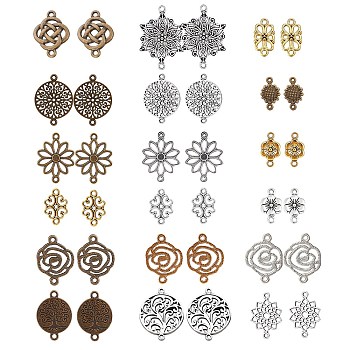 72Pcs 18 Styles Tibetan Style Alloy Connector Charms, Mixed Shapes, Mixed Color, 16.5~40x10~28x1mm, Hole: 1~2.5mm, 4pcs/style