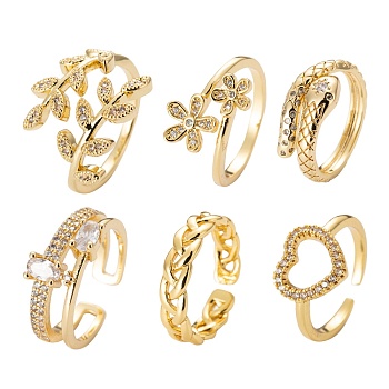 6Pcs 6 Styles Adjustable Brass Micro Pave Clear Cubic Zirconia Cuff Rings, Open Rings, Long-Lasting Plated, Flower & Leafy Branches & Snake & Weave, Real 18K Gold Plated, Inner Diameter: 16~19mm, 1pc/style