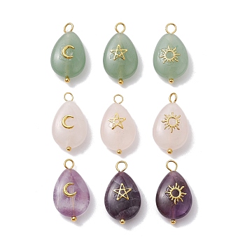 9Pcs 9 Styles Natural Green Aventurine & Rose Quartz & Amethyst Pendants, Teardrop Charms with Golden Plated Metal Moon & Sun & Star, 23~23.5x13x6.5~7mm, Hole: 2.4~2.8mm, 1pc/style