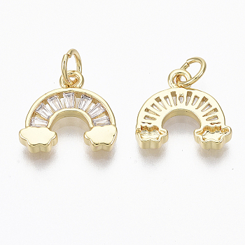 Brass Micro Pave Cubic Zirconia Charms, with Jump Ring, Nickel Free, Rainbow, Clear, Real 18K Gold Plated, 11.5x12.5x2.5mm, Hole: 3mm