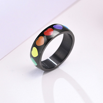 Rainbow Color Pride Flag Enamel Heart Finger Ring, Stainless Steel Jewelry for Men Women, Electrophoresis Black, US Size 11(20.6mm)