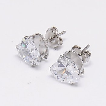Cubic Zirconia Ear Studs, with Stainless Steel Base, Heart, Stainless Steel Color, 6x6mm, Pin: 0.7mm