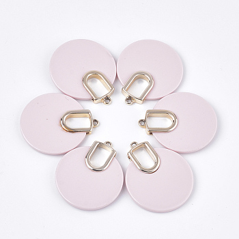 Opaque Acrylic Pendants, with Alloy Findings, Flat Round, Light Gold, Misty Rose, 38.5x33x4.5mm, Hole: 2mm