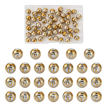 52Pcs 26 Style Electroplate Glass Alphabet Beads, Round with Initial Letter A~Z Pattern, Gold, 10mm, Hole: 1.4mm, 2Pcs/style