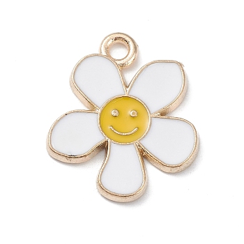 Alloy Enamel Pendants, Light Gold, Flower with Smiling Face Charm, White, 21.5x18x1.5mm, Hole: 2mm