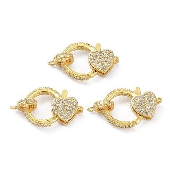 Brass Clear Cubic Zirconia Lobster Claw Clasps, with Bail Beads/Tube Bails, Long-Lasting Plated, Heart, Real 18K Gold Plated, 22x15x5mm, Hole: 1.4mm