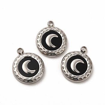 304 Stainless Steel Pendants, with Acrylic, Flat Round with Moon, Stainless Steel Color, 16x13x3mm, Hole: 1.6mm