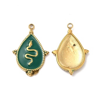 Vacuum Plating 201 Stainless Steel Enamel Pendants, Real 18K Gold Plated, Teardrop with Snake Pattern Charm, Dark Green, 21.5x14x2mm, Hole: 1.4mm