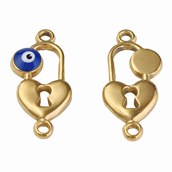304 Stainless Steel Enamel Connector Charms, Golden, Heart-Shaped Lock with Evil Eye, Dark Blue, 23x11x3mm, Hole: 1.5mm