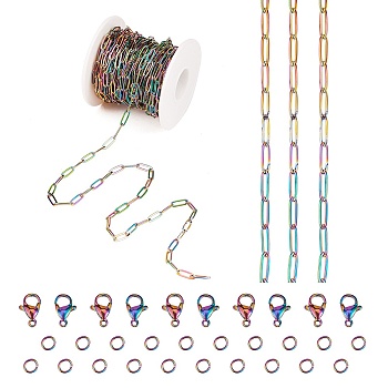 DIY Chain Jewelry Set Making Kit, Including Rainbow Color Ion Plating(IP) 304 Stainless Steel 5M Paperclip Chains & 10Pcs Clasps & 20Pcs Jump Rings, 1Pc Plastic Spool, Rainbow Color, Paperclip Chains: 12x4x1mm