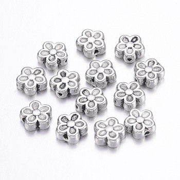 Tibetan Style Alloy Beads, Lead Free & Nickel Free & Cadmium Free, Flower, Great for Mother's Day Gifts making, Antique Silver, about 7mm in diameter, 3.5mm thick, hole: 1mm