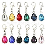 24Pcs 12 Colors Birthstone Alloy Glass Pendant Decorations, with Alloy Lobster Claw Clasps, Platinum, Mixed Color, 28mm, 2pcs/style(HJEW-YW00157)