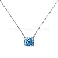 Square Rhodium Plated 925 Sterling Silver Pave 8A Deep Sky Blue Cubic Zirconia Pendant Cable Chain Necklaces for Women, Real Platinum Plated, 15.94 inch(40.5cm)(NJEW-F330-04P)