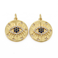 Brass Micro Pave Cubic Zirconia Pendants, with Jump Rings, Nickel Free, Flat Round with Eye, Real 16K Gold Plated, 21x19x4mm, Jump Ring: 5x1mm, 3mm inner diameter(KK-Q252-048-NF)