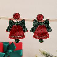 Christmas Bell Handmade Glass Beads Dangle Stud Earrings for Daily Wear, Red, 62x50mm(SX8813)