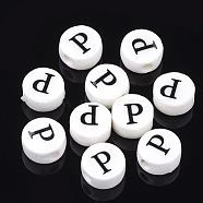 Handmade Porcelain Beads, Horizontal Hole, Flat Round with Letter, White, Letter.P, 8~8.5x4.5mm, Hole: 2mm(PORC-Q259-01P)