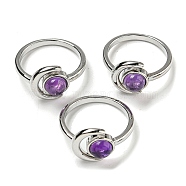 Natural Amethyst Adjustable Rings, with Platinum Brass Findings, Long-Lasting Plated, Jewely for Women, Moon with Round, US Size 8(18.1mm).(RJEW-K269-09P-09)