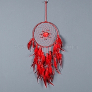 Woven Net/Web with Feather Hanging Ornaments, for Home Living Room Bedroom Decor, with Wood Beads, Red, 500x200mm(PW-WG0DA7B-04)