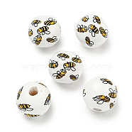 Printed Wood European Beads, Round with Bees Pattern, White, 15.5~16mm, Hole: 4~4.5mm(WOOD-G022-10A)