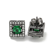 Square Brass Micro Pave Clear Cubic Zirconia Stud Earrings, with Emerald Rhinestone for Women, Gunmetal, 10x10mm(EJEW-G387-03B)
