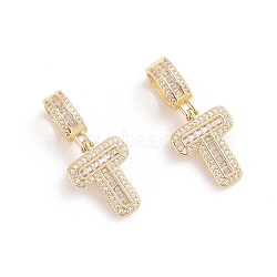 Brass Micro Pave Cubic Zirconia Pendants, Long-Lasting Plated, Letter, Clear, Letter.T, 33.5mm, Hole: 6.5x9mm, Letter.T: 20x15x3.5mm(ZIRC-G165-13G-T)