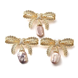 Bowknot Brass Micro Pave Cubic Zirconia Brooches for Women, with Natural Pearl Bead, Real 14K Gold Plated, 42x57mm(JEWB-N001-20G)