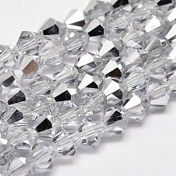 Imitate Austrian Crystal Electroplate Bicone Glass Faceted Bead Strands, Half Platinum Plated, Grade AA, Platinum Plated, 6x6mm, Hole: 1mm, about 46~48pcs/strand, 10.5 inch(GLAA-F029-6x6mm-B01)