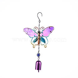Bell Wind Chimes, Glass & Iron Art Pendant Decorations, Butterfly, Orchid, 290x160mm(WICH-PW0001-61C-02)