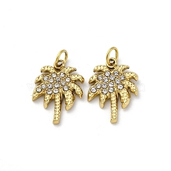 304 Stainless Steel Crystal Rhinestone Pendants, with Jump Ring, Coconut Tree Charm, Ion Plating(IP), Real 18K Gold Plated, 14.5x11x2mm(STAS-E550-10G)
