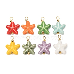 Handmade Porcelain Pendants, Starfish Charms, Famille Rose Porcelain, with Brass Findings, Real 18K Gold Plated, Mixed Color, 24~25x17~18.5x5~5.5mm, Hole: 3x3~4mm(PR-CBAC347-06)