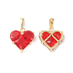 Brass Micro Pave Cubic Zirconia Charms, Heart Charm, Real 18K Gold Plated, Red, 14.5x13.5x5mm, Hole: 3x2.5mm(KK-L208-03G-01)