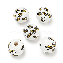 Printed Wood European Beads, Round with Bees Pattern, White, 15.5~16mm, Hole: 4~4.5mm(WOOD-G022-10A)