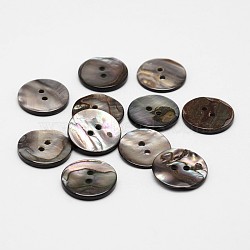 2-Hole Flat Round Natural Black Shell Buttons, Black, 17x2mm, Hole: 2mm(SHEL-P012-21)