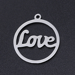 Non-Tarnish 201 Stainless Steel Laser Cut Pendants, Ring with Word LOVE, Stainless Steel Color, 22x19.5x1mm, Hole: 1.5mm(STAS-S105-T902-1)