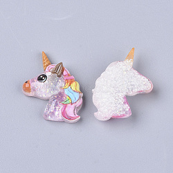 Resin Cabochons, with Glitter Sequins, Unicorn, Colorful, 22~23x19~20x6mm(CRES-N018-034)