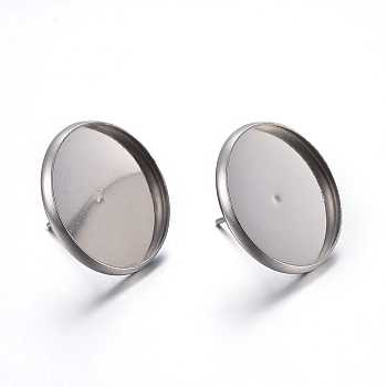 Flat Round 304 Stainless Steel Stud Earring Settings, Stainless Steel Color, Tray: 4mm, Pin: 0.8mm