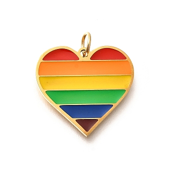 Pride 304 Stainless Steel Enamel Pendants, Rainbow Color, with Jump Ring, Heart, 18.5x20x1.5mm, Hole: 3.5mm