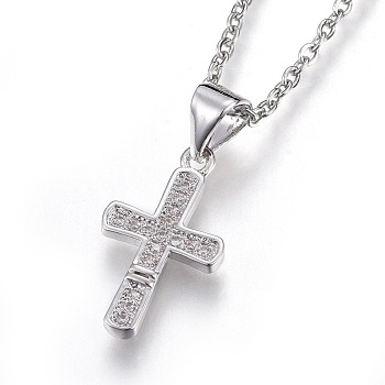 304 Stainless Steel Pendant Necklaces, with Cubic Zirconia, Cross, Clear, Stainless Steel Color, 17.6 inch(45cm), Pendant: 17x10x1mm