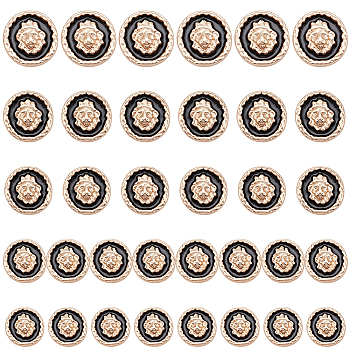 34pcs 5 Style 1-Hole Alloy Enamel Shank Buttons, Flat Round with Lion Pattern, Matte Light Gold, 15~22.5x9~11mm, Hole: 1.8~2mm