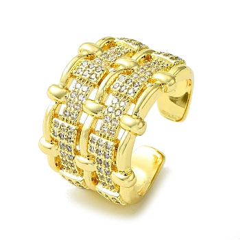 Brass Micro Pave Cubic Zirconia Open Cuff Rings, Hollow Rectangle, Real 16K Gold Plated, US Size 7 3/4(17.9mm)
