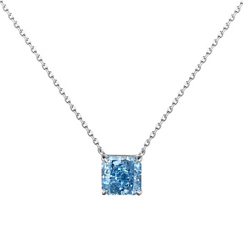 Square Rhodium Plated 925 Sterling Silver Pave 8A Deep Sky Blue Cubic Zirconia Pendant Cable Chain Necklaces for Women, Real Platinum Plated, 15.94 inch(40.5cm)