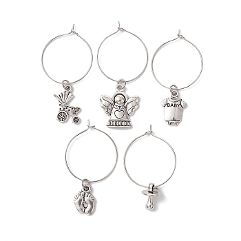 Alloy Wine Glass Charms, with Brass Hoop Earring Findings, Mixed Shapes, Antique Silver & Platinum, 44~52.5mm, Inner Diameter: 25mm