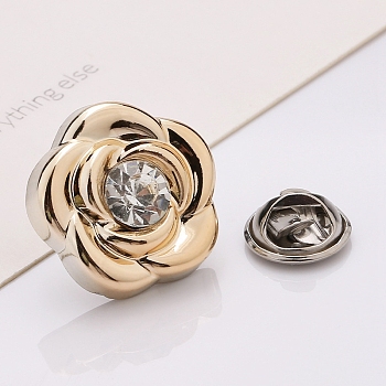Plastic Brooch, Alloy Pin, with Rhinestone, for Garment Accessories, Flower, Crystal, 18mm