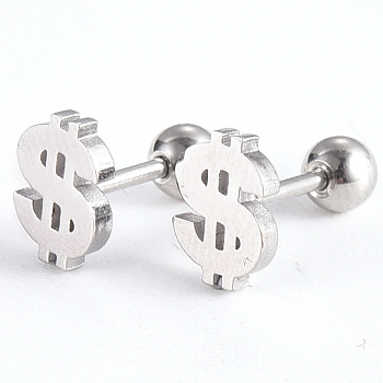 201 Stainless Steel Barbell Cartilage Earrings, Screw Back Earrings, with 304 Stainless Steel Pins, Dollar Sign, Stainless Steel Color, 8x6x2mm, Pin: 1mm