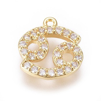 Golden Plated Brass Micro Pave Cubic Zirconia Charms, Twelve Constellations, Cancer, 9.5x9x1.7mm, Hole: 0.8mm
