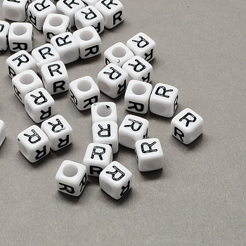 Large Hole Acrylic Letter European Beads, Horizontal Hole, White & Black, Cube with Letter.R, 6x6x6mm, Hole: 4mm