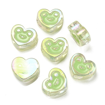 UV Plating Rainbow Iridescent Acrylic Enamel Beads, Heart with Bear Pattern, Lawn Green, 17.5x20x9mm, Hole: 3.5mm