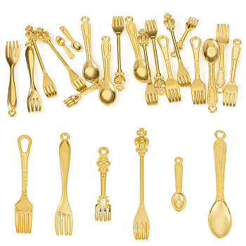 20Pcs Alloy Pendants, Fork & Spoon, Golden, 19~57.5x5~12.5x3~5mm, Hole: 1~4mm