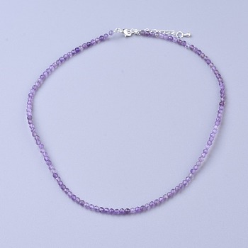 Natural Amethyst Beaded Necklaces, with Brass Lobster Claw Clasps, Faceted Round Beads, 16.5 inch~16.7 inch(42~42.5cm)x2mm